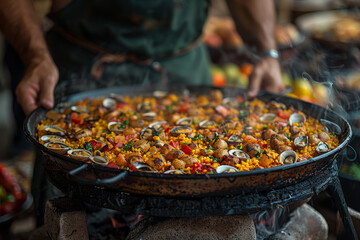 Paella grande con arroz y marisco, recurso gráfico. Gastronomía