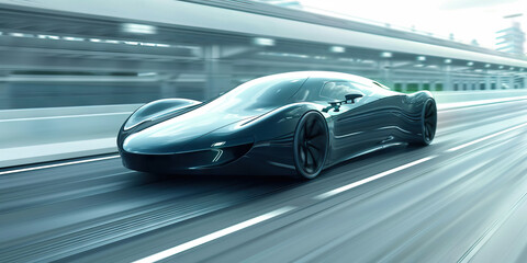 Fototapeta premium Accelerating into Tomorrow: A Sleek Futuristic Car Harmonizes with Its Surroundings on the Bustling Highway