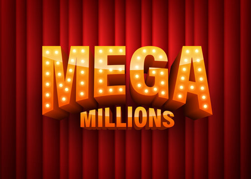 Mega Millions. Text with electric bulbs frame on red background. vector illustration