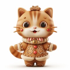 A cat in a gingerbread man costume, Christmas, on a white background, cartoon style, 3d image.,