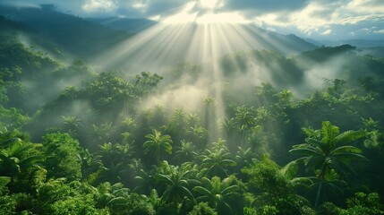 Morning Sun Rays Piercing Through the Mist of a Lush Tropical Rainforest, Creating a Breathtaking Natural Scene. Design for banner, flyer, poster, card with copy space