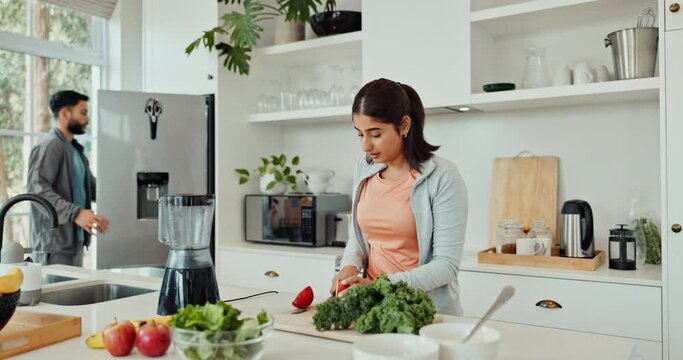 Couple, blender and smoothie in kitchen, morning and helping hand with search in fridge for product. Woman, man and partner with meal prep, bonding and start cooking in house with nutrition for diet