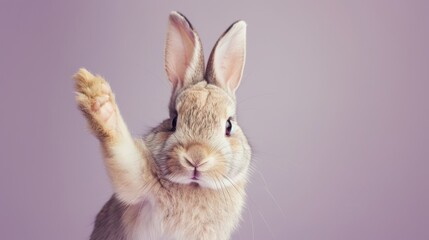 Endearing Rabbit Raising Its Hand as if to Greet, Set Against a Soft Purple Background. Funny animal for banner, flyer, poster, card with copy space