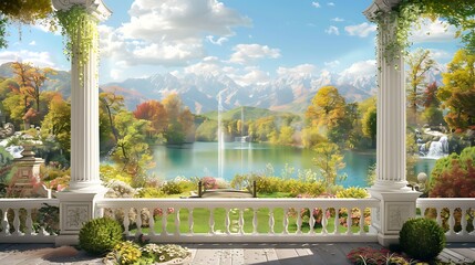 3d wallpaper, beautiful landscape with garden and lake, balcony in antique style with white columns...