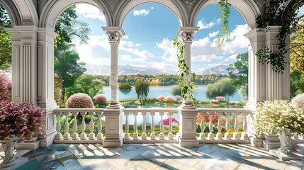 3d wallpaper, beautiful landscape with garden and lake, balcony in antique style with white columns...