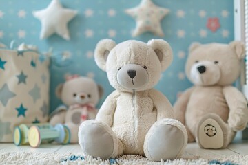 A collection of teddy bears seated in a room, showcasing various sizes, colors, and styles