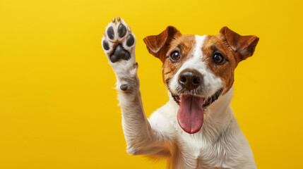 Joyful Jack Russell Terrier Waving Paw with a Playful Expression, Set Against a Bright Yellow Background. Funny animal for banner, flyer, poster, card with copy space