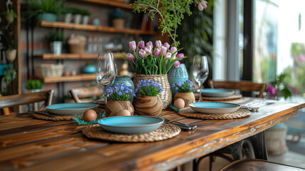 Mesa de madera bien decorada con flores y platos © jordirenart