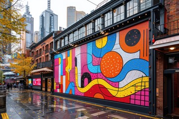 Colorful mural adorns the side of a bustling city building
