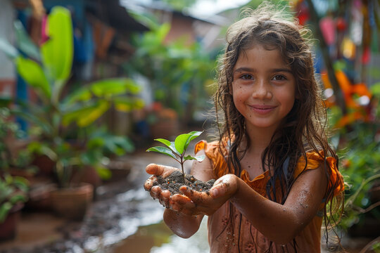 Ni&ntilde;a con las manos extendidas mostrando tierra con una planta en crecimiento a punto de ser plantada en un testo, recurso gr&aacute;fico. Estilo de vida saludable y calmado. Plantas y jardiner&iacute;a