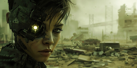 A bio-modded rebel, adorned with cybernetic enhancements, stands defiant amidst a wasteland of abandoned technology, their augmented eye glowing with determination