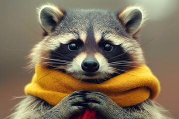 Cute Raccoon Wearing a Yellow Scarf. Adorable and Cozy Animal Portrait. Concept of Wildlife and Warmth. Design for Greeting Card, Poster, and Children's Book