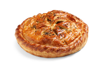 Tasty homemade pie with filling isolated on white