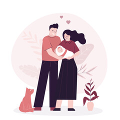 Happy family portrait, people standing, childhood and parenthood. Father, mother and infant together. Parents and newborn.