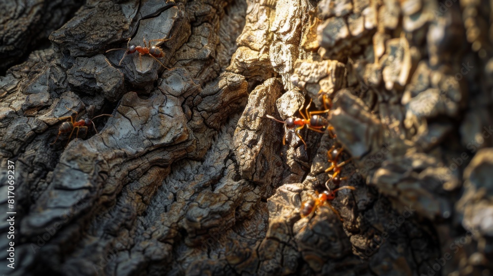 Poster ants climbing up a tree trunk, with the rough bark providing a textured background.