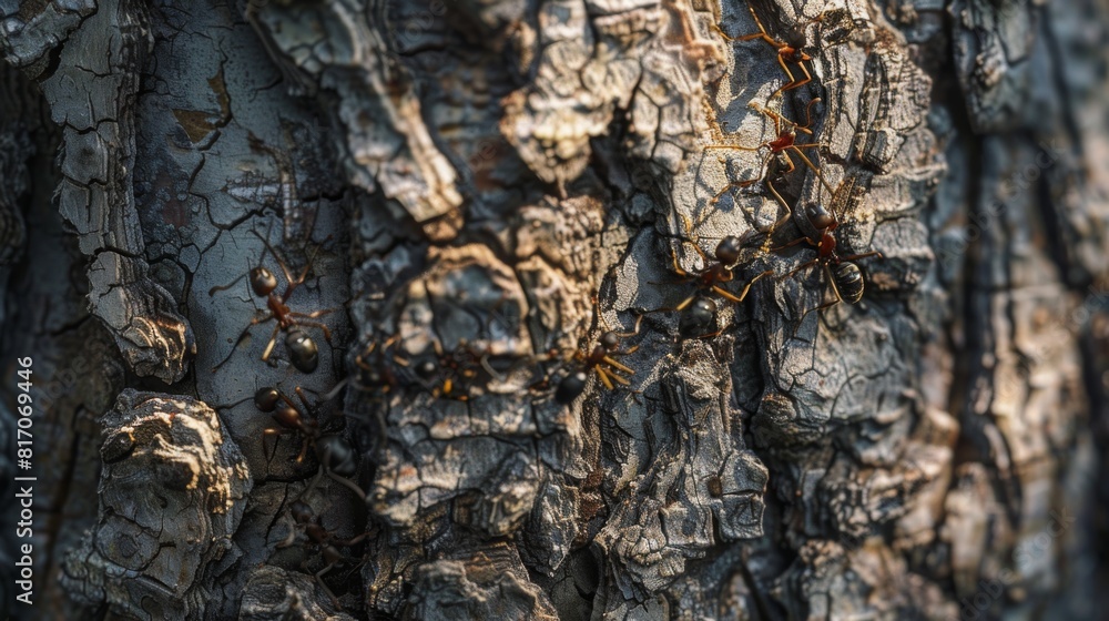 Poster ants climbing up a tree trunk, with the rough bark providing a textured background.