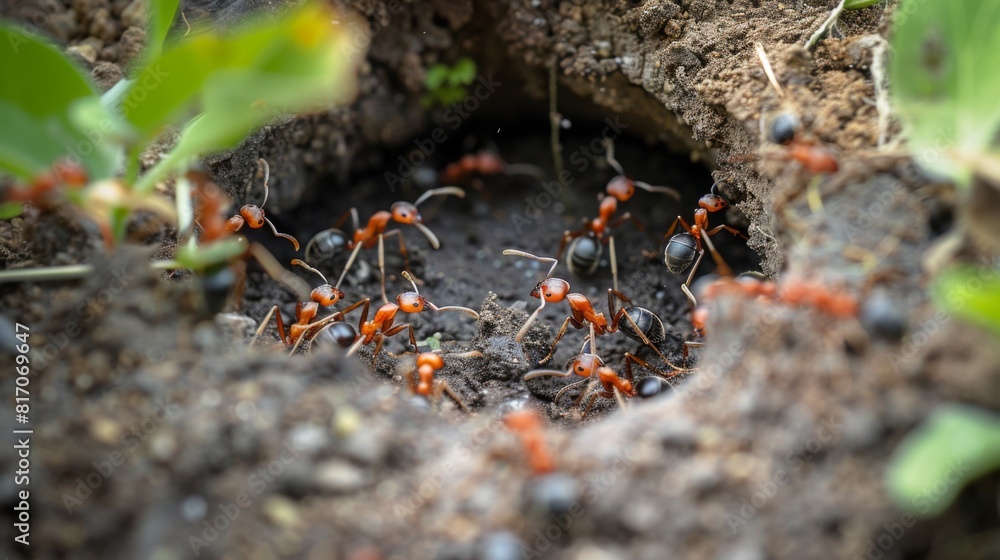 Poster Ants constructing an anthill in a garden, with visible tunnels and busy workers moving soil.