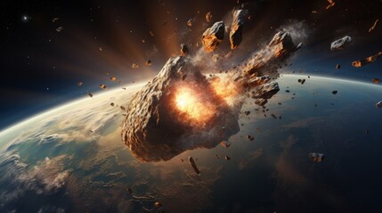Giant meteorite impacts on earth, asteroid in collision with earth