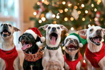 Dogs in festive attire singing