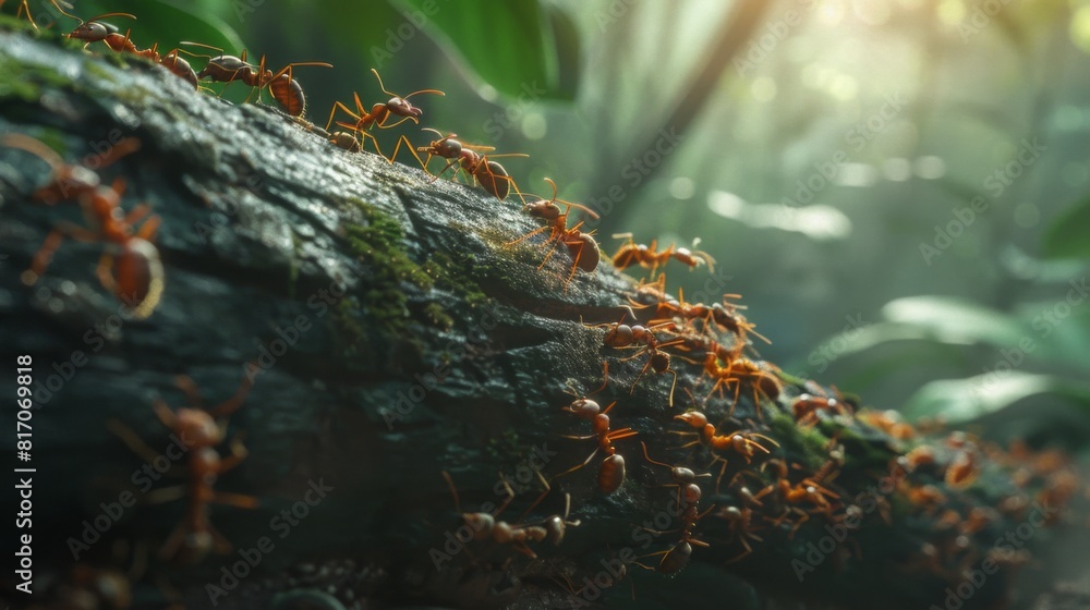 Poster ants crossing a log in a forest, moving in a coordinated line towards their destination.