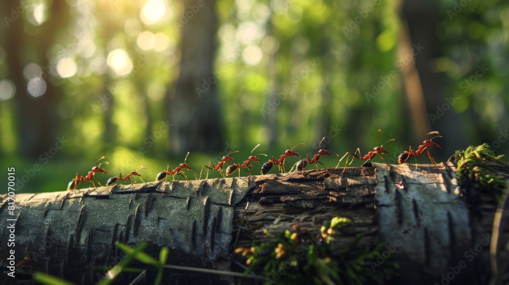 Poster ants crossing a log in a forest, moving in a coordinated line towards their destination.