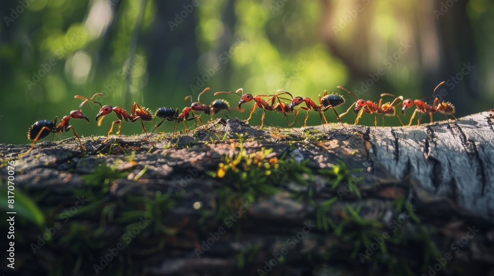 Aufkleber ants crossing a log in a forest, moving in a coordinated line towards their destination.