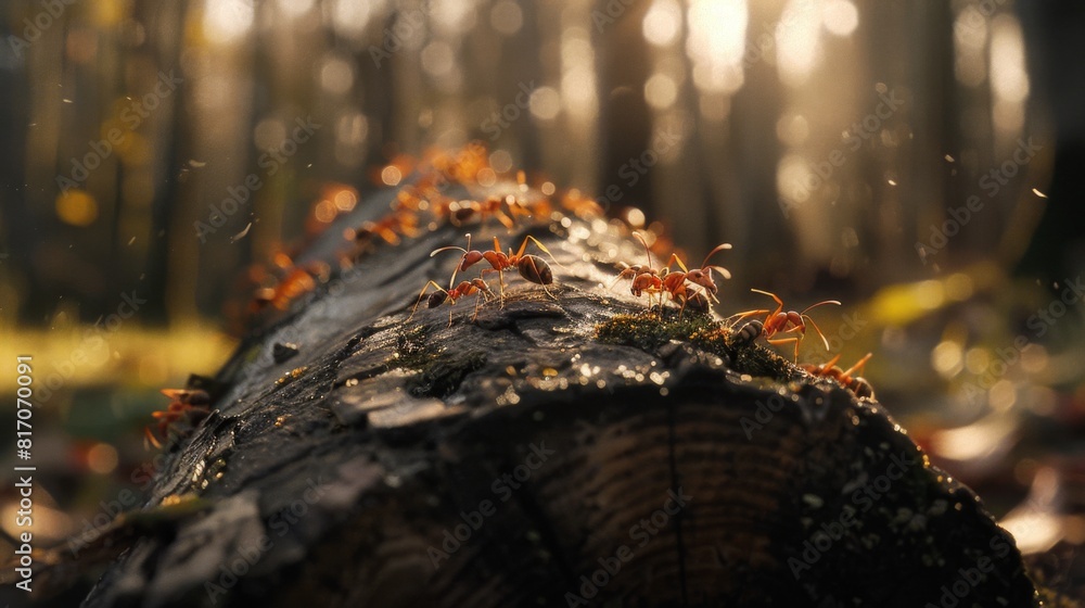 Poster ants crossing a log in a forest, moving in a coordinated line towards their destination.