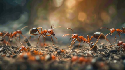 Ants defending their territory from an intruding insect, capturing their aggressive and protective behavior.