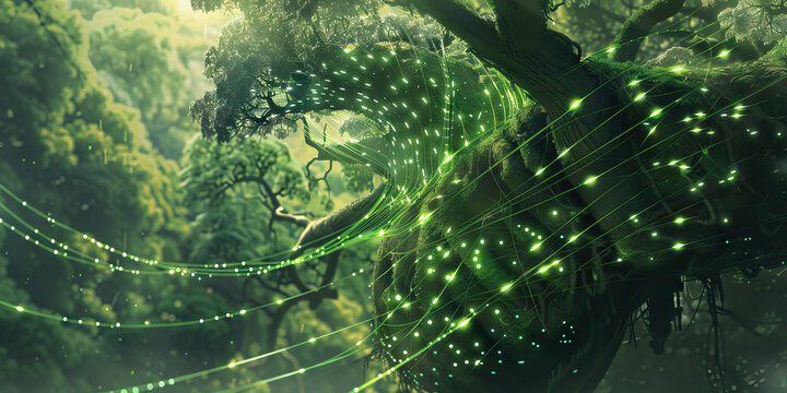  An Integrated Avatar, Part Cyborg and Part Flora, Experiences a Malfunction in the Wooded Sanctuary as Its Bioluminescent Tendrils Entwine 