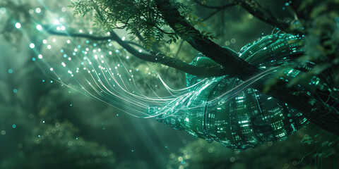 A cybernetic organism, fused with technology and nature, glitches out in the forest, its bioluminescent tendrils weaving through the canopy