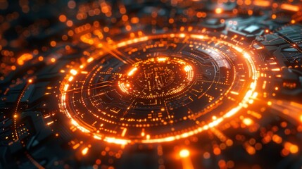 The image is an illustration of a circuit board with a glowing orange center