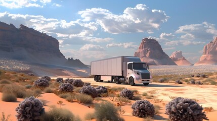 Delivery Trucks Voyage A D Rendered Journey through a Desert Landscape