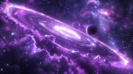The image shows a beautiful purple galaxy with a planet. The planet is orbited by a glowing ring, and there are stars scattered throughout the galaxy.