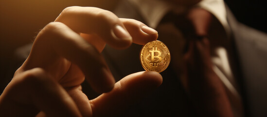 Business man holding one golden bitcoin in his hand.
 - Powered by Adobe