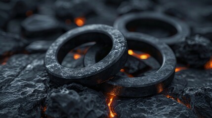 The image shows three black rings on a pile of hot, burning coals. The rings are made of a metal that is resistant to heat and fire. They are also very strong and durable.