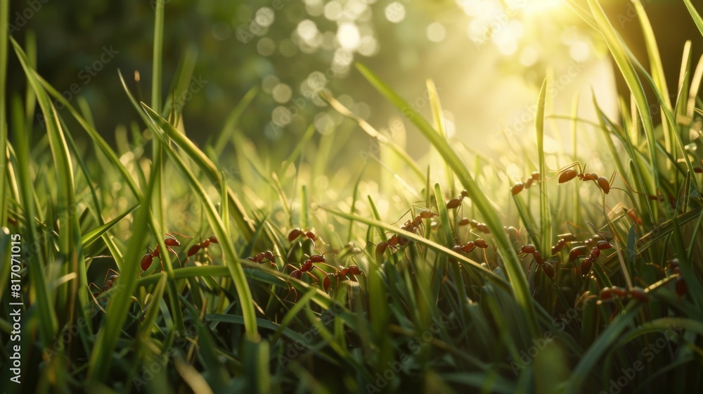 Poster Ants navigating through blades of grass, providing a sense of scale and their interaction with the environment.