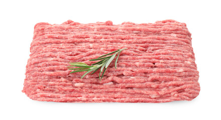 Raw ground meat and rosemary isolated on white