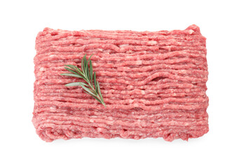Raw ground meat and rosemary isolated on white, top view