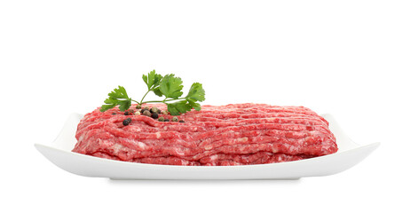Raw ground meat, parsley and peppercorns isolated on white