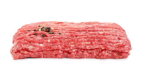 Raw ground meat and peppercorns isolated on white