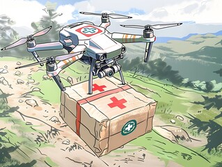 Swift Aid in the Wilderness A Digital Drawing of a Drone Delivering a First Aid Kit on a Hiking