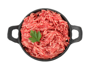 Raw ground meat and parsley in bowl isolated on white, top view