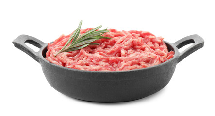 Raw ground meat and rosemary in bowl isolated on white