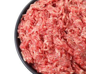 Raw ground meat in bowl isolated on white