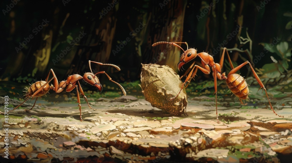 Poster ants working together to pull a large seed across a forest floor, demonstrating their collaborative 