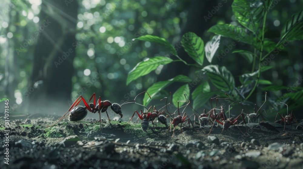 Wall mural ants working together to pull a large seed across a forest floor, demonstrating their collaborative 