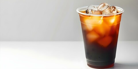 Refreshing iced coffee in a plastic cup on a white background. Concept Food & Beverage Photography, Iced Coffee, Refreshing Beverages, Creative Composition, White Background