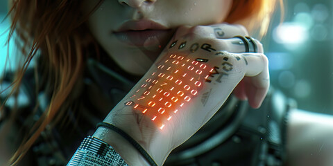 The binary code tattooed on her wrist pulses with energy, a testament to her commitment to the cyberpunk lifestyle