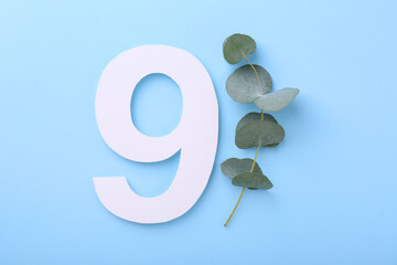 Paper number 9 and eucalyptus branch on light blue background, top view