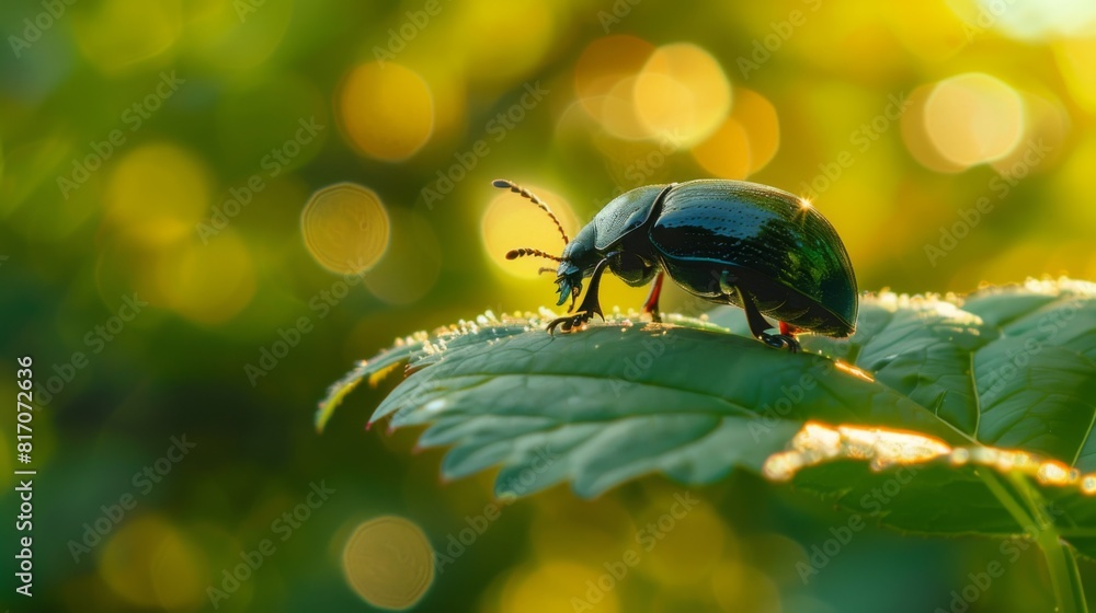 Poster beetle climbing on the edge of a leaf, its shiny exoskeleton reflecting the sunlight.
